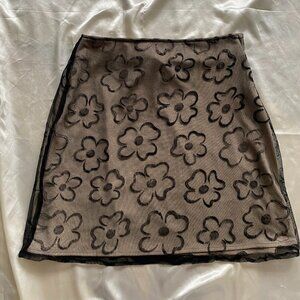 Vintage 1990s Black Floral Mesh Mini Skirt Fairy Whimsygoth Grunge Small Mod